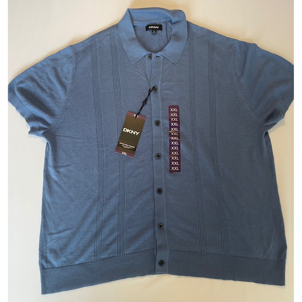DKNY Mens XXL Light Blue Button Front Short Sleeve Knit Sweater Polo DK16SR2512C